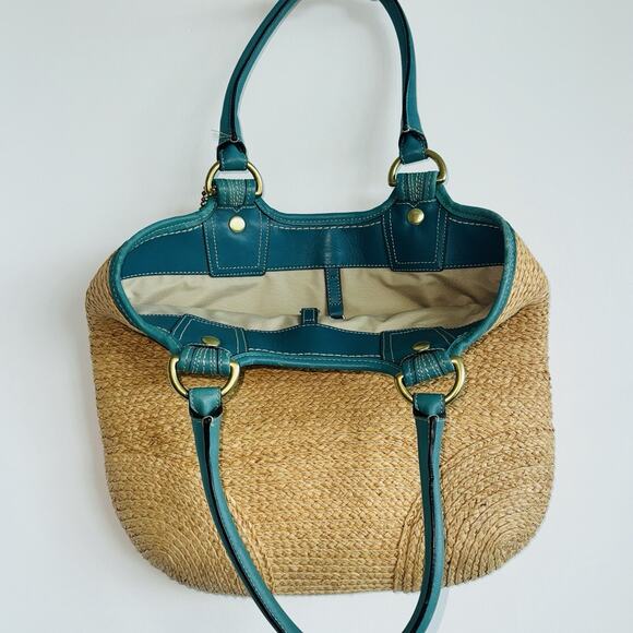 Vintage Coach Bleecker Natural Straw Tote Bag Teal Leather Boho Chic 15x13" Y2K - Picture 2 of 11